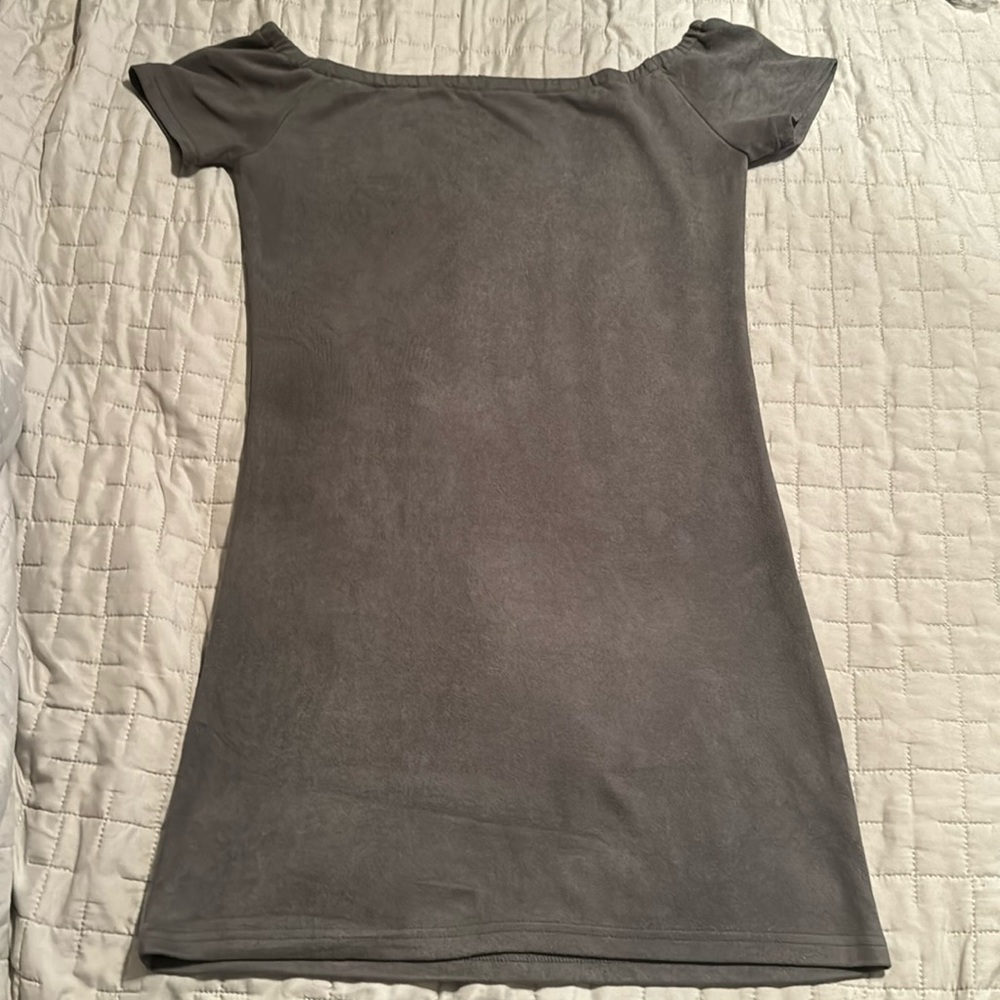 Olivaceous, dark grey, off the shoulder dress.